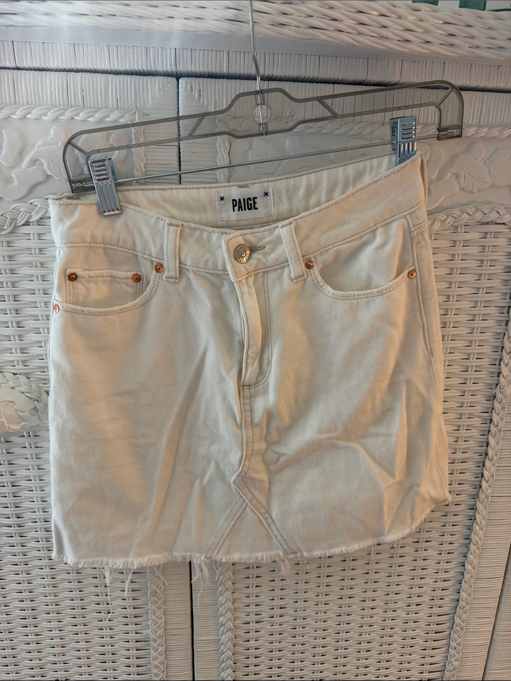 PAIGE Cream Off-White Denim Mini Skirt with Frayed Hem